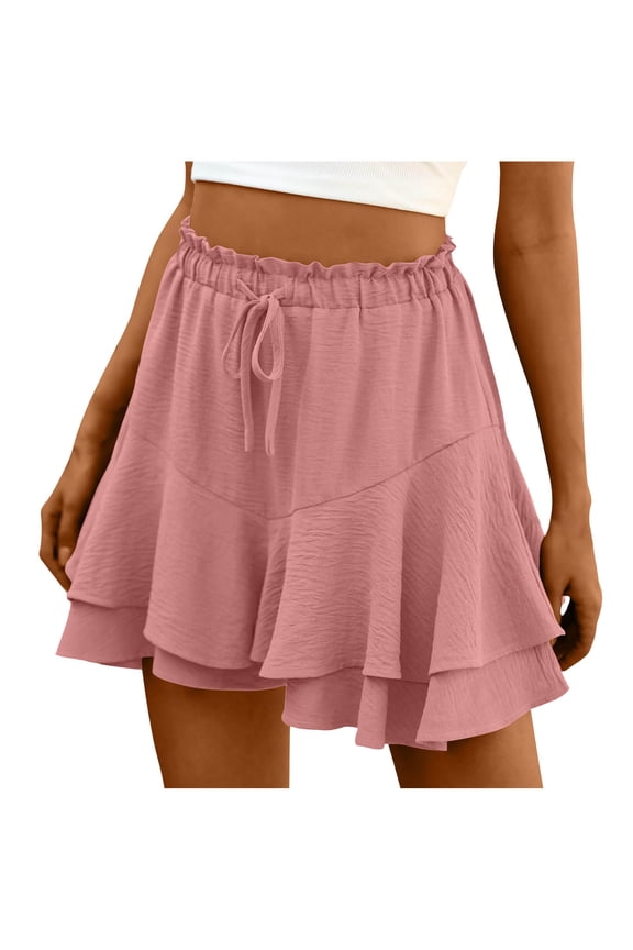 Women Casual Summer Shorts Ruffle Tiered Flowy Fashion Skorts Boho High Waist Drawstring Beach Vacation Shorts