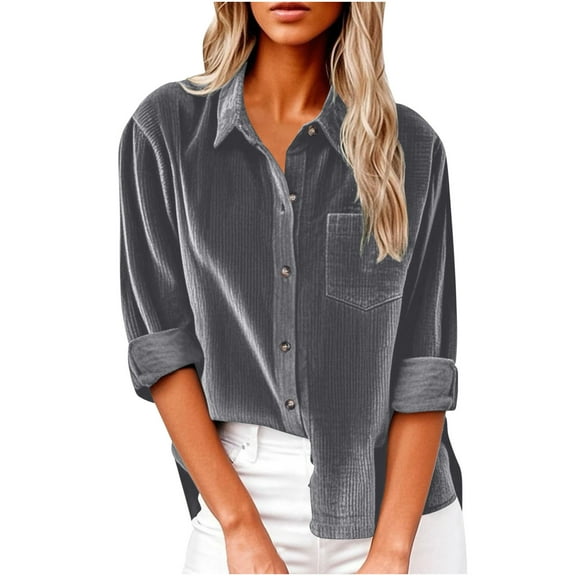 ABATAB Women Corduroy Shirts Fall Winter Warm Lapel V-Neck Button down T-Shirts with Pockets Casual Long Sleeve Office Work Dressy Tops(3X-Large,Dark Gray)