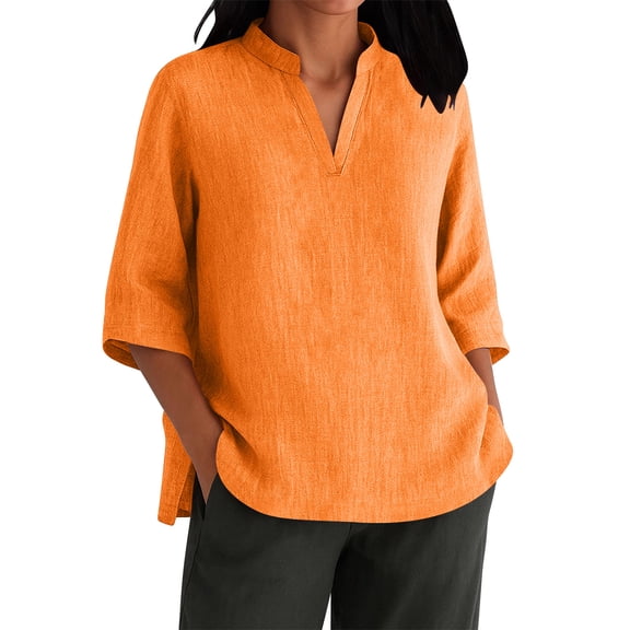 ABATAB Women Cotton Linen Pullover Shirts Lightweight Summer Fall Solid Color Tops 3/4 Sleeve Stand Neck Basic T-Shirts(Large,Orange)