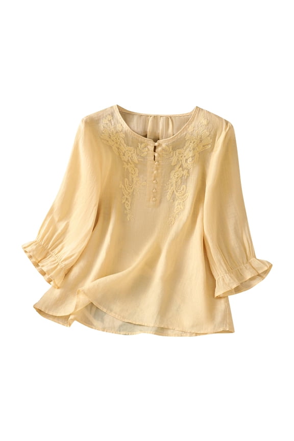 Women Cotton Linen Shirts Lightweight Embroidered Trendy Vacation Pullover Soft Solid Color Ruffle 3/4 Sleeve Flowy Tops(XX-Large,Yellow)