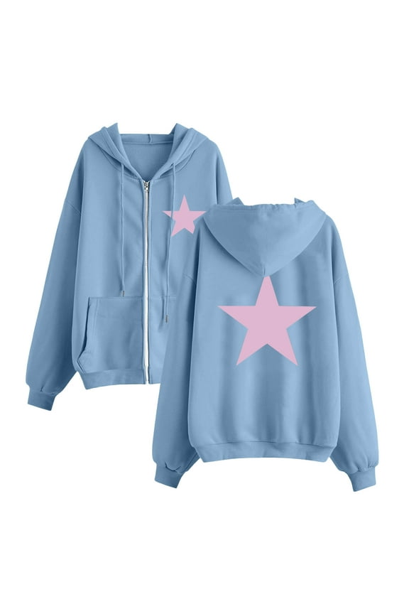 Women Cute Star Graphic Hoodies Soft Drop Shoulder Hooded Jackets Casual Fall Long Sleeve Drawstring Sweatshirt Coats(3X-Large,Light Blue)