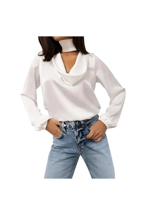 Women Dressy Satin Shirts Drape Neck Ruched Front Loose Fit Solid Color Work Business Blouses Silk Long Sleeve Casual Tops(Large,White)