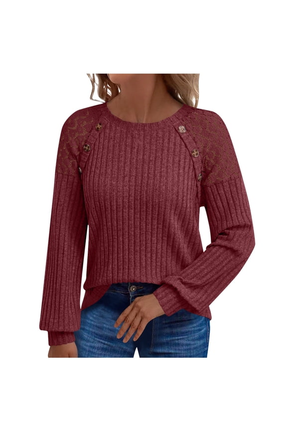 Fall Sweater for Women Long Sleeve Tunic Tops Casual Crewneck Dressy Shirt Lace Patchwork Blouses Pullover Clothes