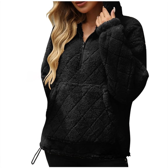 ABATAB Women Fluffy Hooded Sweatshirts Warm Baggy Long Sleeve Hoodies Thermal Sherpa Fleece Half Zip Pullover with Pockets(Medium,Black)