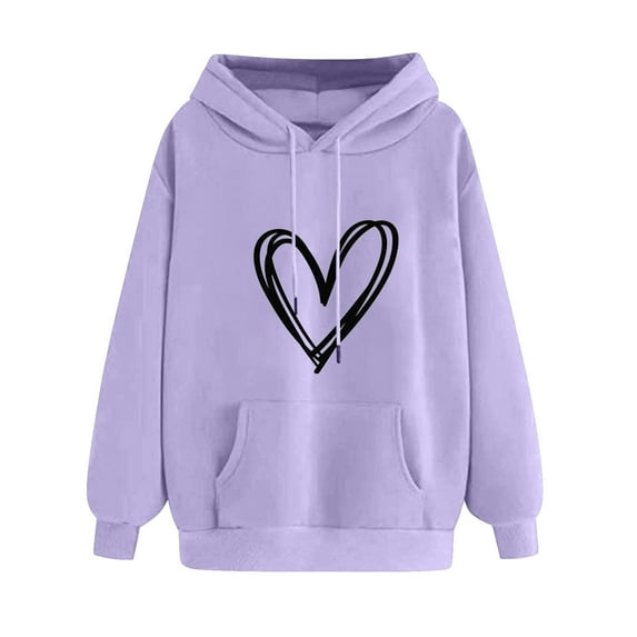 ABATAB Women Graphic Hoodies Soft Valentine's Day Classic Heart Printed Hooded Sweatshirts with Pockets Long Sleeve Pullover(X-Large,Purple 1)