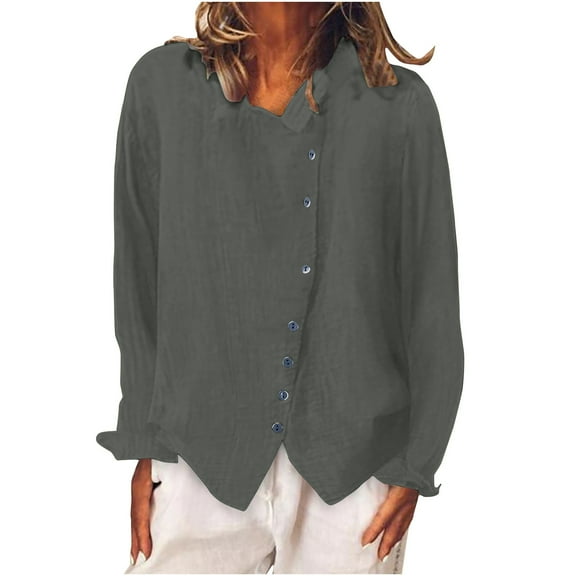 ABATAB Women Oversized Cotton Linen Shirts Lightweight Summer Fall Collared Long Sleeve Casual Tops Plain Button down T-Shirts(Large,Gray 2)