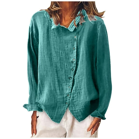 ABATAB Women Oversized Cotton Linen Shirts Lightweight Summer Fall Collared Long Sleeve Casual Tops Plain Button down T-Shirts(XX-Large,Green)