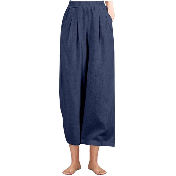 ABATAB Women Palazzo Capris Wide Leg Summer Casual Crop Pants Cotton Linen Baggy Elastic Waisted Beach Crop Trousers with Pockets
