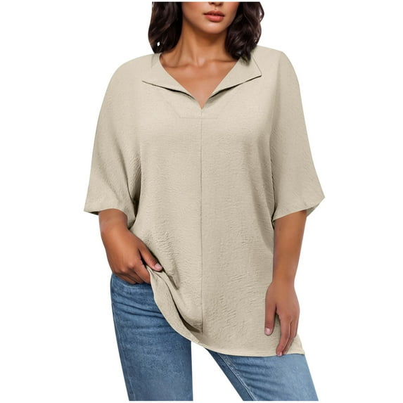 ABATAB Women Plus Size Cotton Linen Shirts Casual Lightweight Solid Color Tee Blouses Loose Fit Half Sleeve Collared Vacation Tops(4X-Large,Beige)