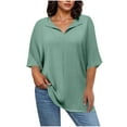 thumbnail image 1 of ABATAB Women Plus Size Cotton Linen Shirts Casual Lightweight Solid Color Tee Blouses Loose Fit Half Sleeve Collared Vacation Tops(X-Large,Mint Green), 1 of 7