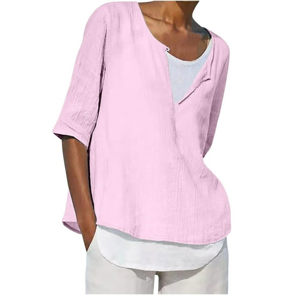 ABATAB Women Plus Size Cotton Linen Shirts Lightweight Keyhole Crew Neck Tunic Tops Casual Half Sleeve Vacation Dressy Blouses(5X-Large,Pink)