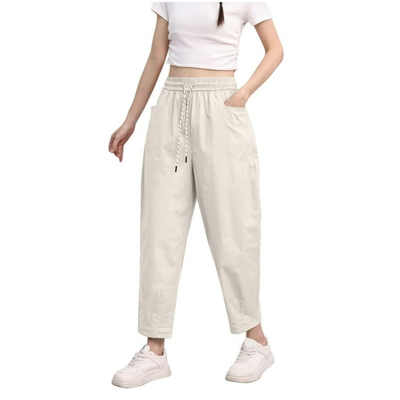 ABATAB Women Plus Size Pants Loose Fit Elastic Waist Trousers Casual Stretch Drawstring Summer Pant with Pockets