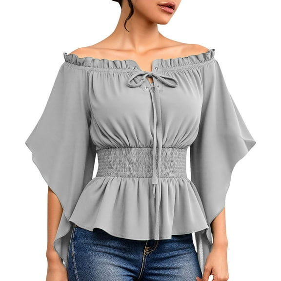 ABATAB Women Renaissance Shirts Medieval off Shoulder Long Bell Sleeve Tops Trendy Smocked Waist Drawstring Pullover Blouses(Medium,Gray)