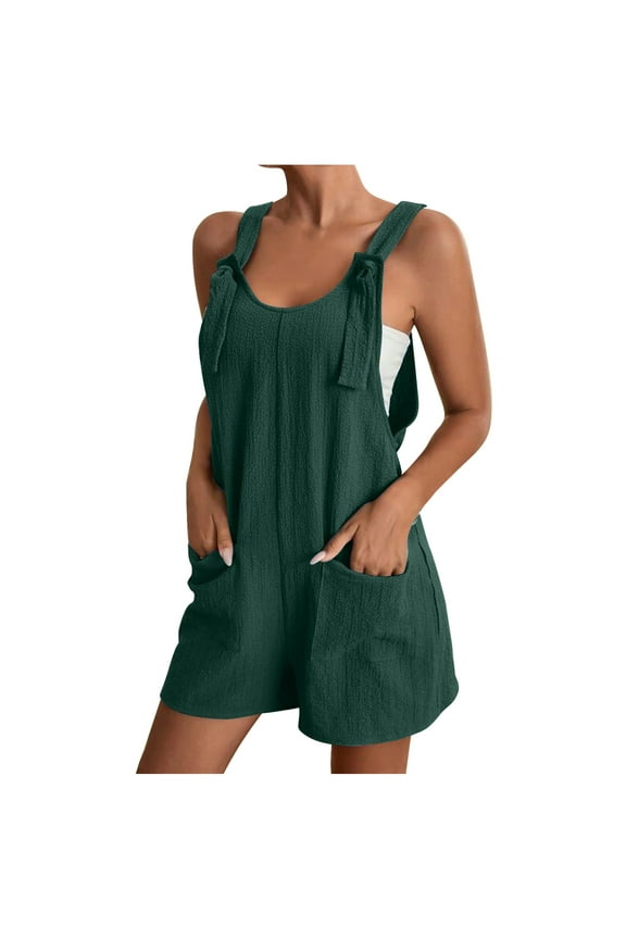 Women Rompers Plus Size Adjustable Tie Knot Straps Short Bib Overalls Sleeveless Casual Beach Vacation Jumpsuits with Pockets(Small,Army Green)