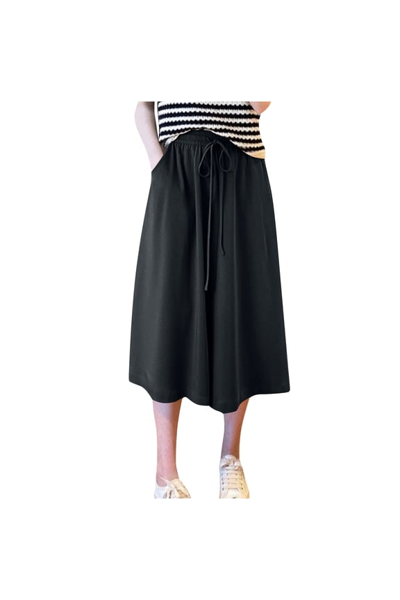 Women' S Plus Size Culottes Wide Leg Elastic Waist Capri Pants Casual Trendy Palazzo Crop Trousers with Pockets