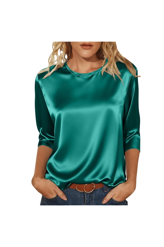 Women Silk Satin Tops 3/4 Length Sleeve Blouse Crewneck Shirts Casual Go out Comfy Soft Clothes Outfits