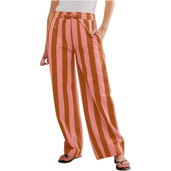 ABATAB Women Stripe Pants Wide Leg Drawstring Casual Trousers High Rise Casual Loose Baggy Lounge Pants with Pockets