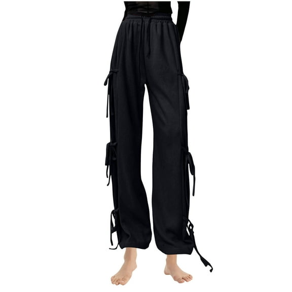 ABATAB Women Striped Pants Bow Tie Wide Leg Lounge Pants Corduroy Elastic Waisted Casual Loose Fit Trousers with Pockets