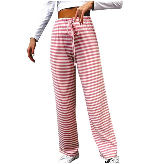ABATAB Women Striped Pants Casual Drawstring Wide Leg Trousers Loose Fit Lounge Jogger Gym Long Pants with Pockets