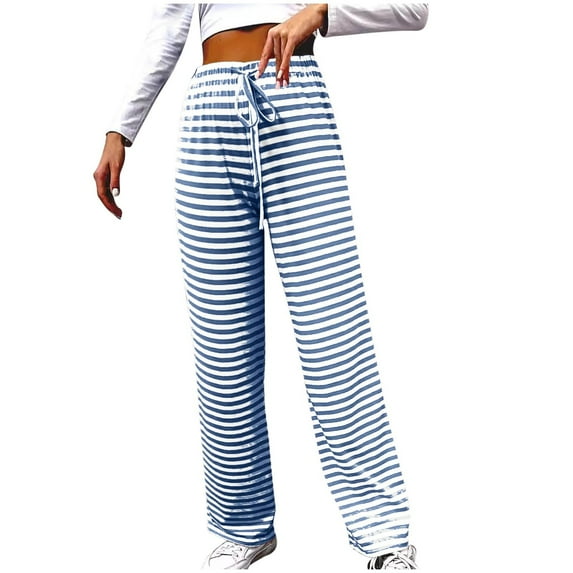 ABATAB Women Striped Pants Casual Drawstring Wide Leg Trousers Loose Fit Lounge Jogger Gym Long Pants with Pockets