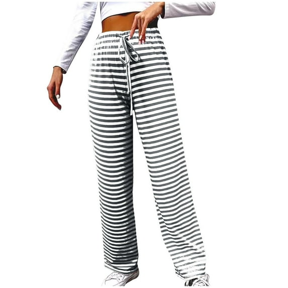 ABATAB Women Striped Pants Casual Drawstring Wide Leg Trousers Loose Fit Lounge Jogger Gym Long Pants with Pockets