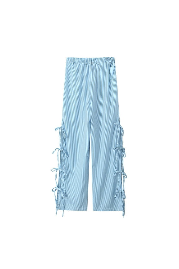 Women Striped Pants Lounge Casual Drawstring Loose Fit Trousers Wide Leg Side Splits Going out Trousers