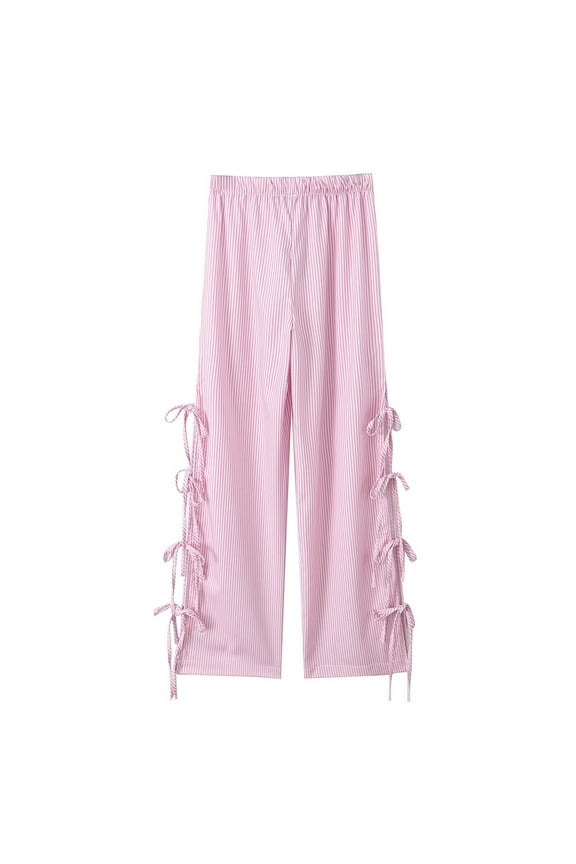 Women Striped Pants Lounge Casual Drawstring Loose Fit Trousers Wide Leg Side Splits Going out Trousers
