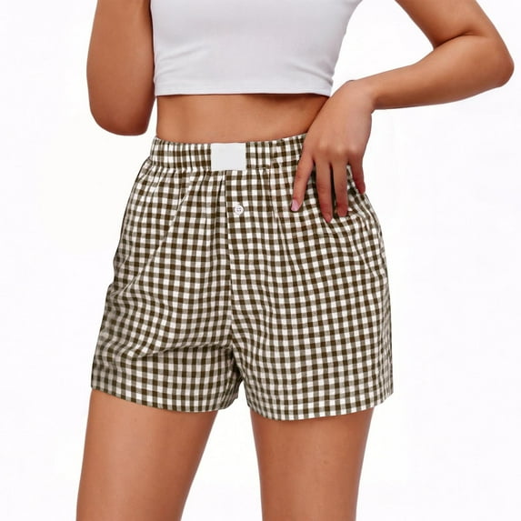 ABATAB Women Summer Shorts Cute Fashion Plaid Short Lounge Pants Elastic Waisted Cotton Linen with Pockets