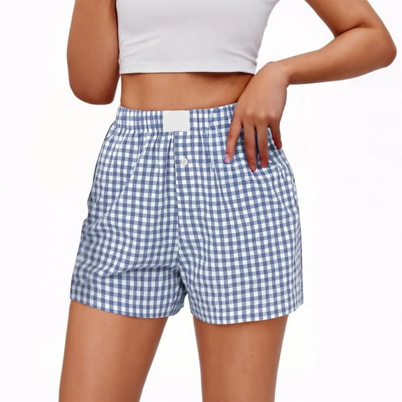 ABATAB Women Summer Shorts Cute Fashion Plaid Short Lounge Pants Elastic Waisted Cotton Linen with Pockets
