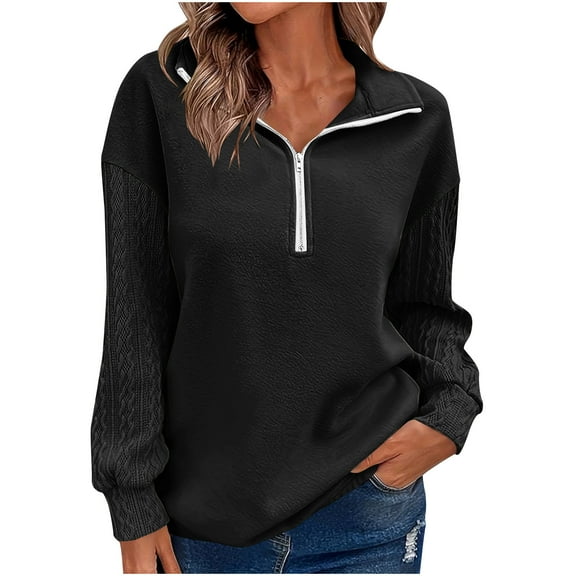 ABATAB Women Sweatshirts 1/4 Zipper Pullover Lightweight Fall Casual Cable Knitted Long Sleeve Tops Loose Fit Outfits Clothes(Large,Black)
