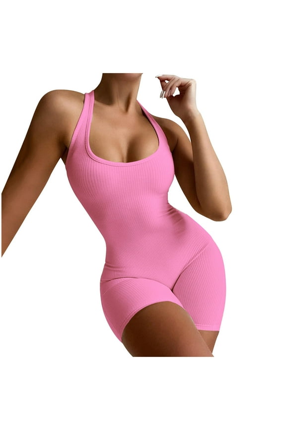 Women Workout Romper Yoga Ribbed One Piece Gym Jumpsuit Skinny Seamless Tank Top Leggings Summer Outfits
