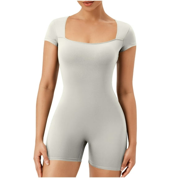 ABATAB Women Workout Romper Yoga Square Neck Short Sleeve Overalls Outfits One Piece Seamless Tank Top Jumpsuit