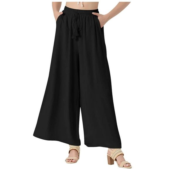 ABATAB Women's Palazzo Pants Summer Wide Leg Elastic High Waisted Pants Casual Drawstring Beach Trousers with Pockets