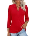 thumbnail image 1 of ABATAB Women's 3/4 Sleeve Collared Shirts Casual Business Dressy Work Tee Blouses Lapel V-Neck Solid Color Tunic Tops Ladies Outfits(Small,Red), 1 of 6