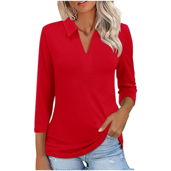 ABATAB Women's 3/4 Sleeve Collared Shirts Casual Business Dressy Work Tee Blouses Lapel V-Neck Solid Color Tunic Tops Ladies Outfits(Small,Red)
