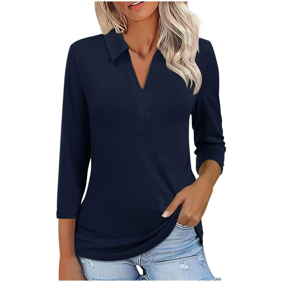 ABATAB Women's 3/4 Sleeve Collared Shirts Casual Business Dressy Work Tee Blouses Lapel V-Neck Solid Color Tunic Tops Ladies Outfits(XX-Large,Navy)