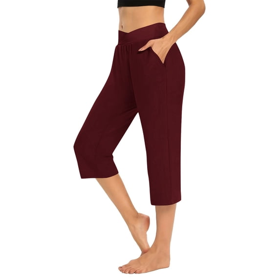 ABATAB Women's Athletic Capri Pants Solid Summer Casual Elastic Waisted Capris for Running Golf Yoga with Pockets