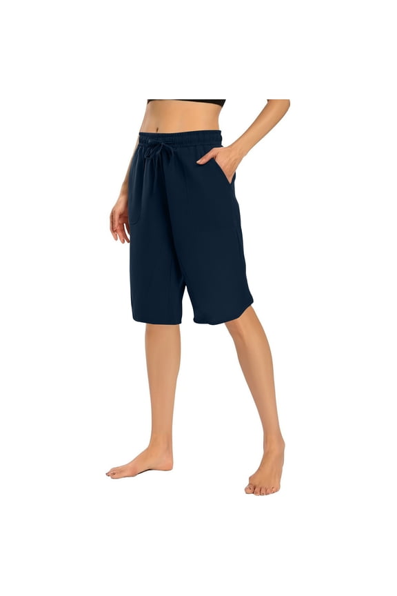 Women's Bermuda Shorts Cotton Linen Solid Shorts Knee Length Wide Leg Casual Summer Shorts with Deep Pockets