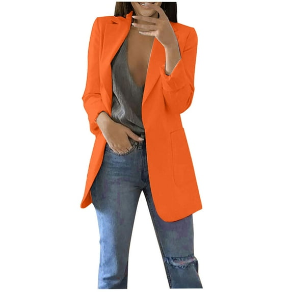 ABATAB Women's Blazers Notch Collar Plus Size Casual Loose Fit Office Dressy Coats with Pockets Long Sleeve Work Suit Jacket(Large,Orange)