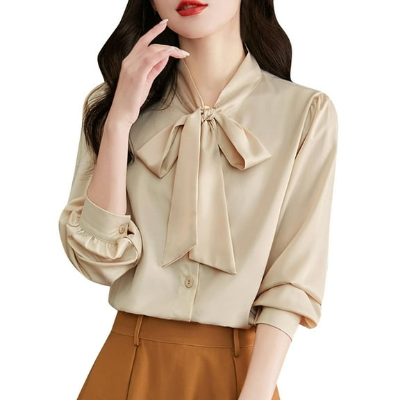 ABATAB Women's Bow Tie Neck Button down Shirts Fall Smooth Silk Blouses Elegant Long Sleeve Satin Tops Casual Business Elegant T-Shirts(Large,Khaki)