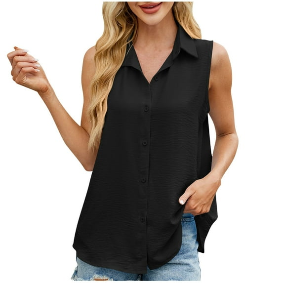 ABATAB Women's Button Down Tank Tops Chiffon Solid Color Lapel Neck Loose Sleeveless Tee Casual Outdoor Shirts
