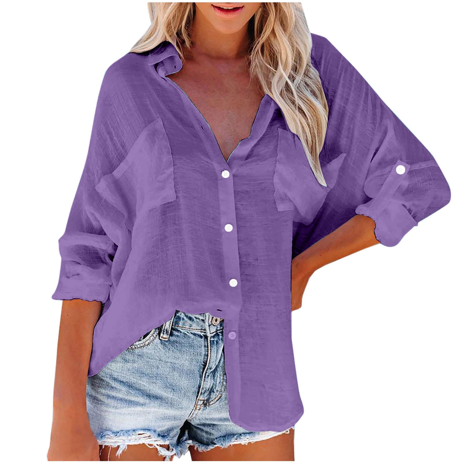 Women's Button down Shirts Collared V Nec Casual Blouse Tees with Pockets Long Sleeve Soft Comfy Top