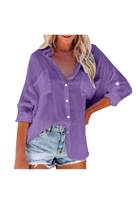 Women's Button down Shirts Collared V Nec Casual Blouse Tees with Pockets Long Sleeve Soft Comfy Top