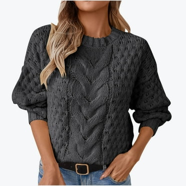 ABATAB Women's Cable Knit Sweaters Casual Hollow out Sweaters Lantern Sleeve Round Neck Pullover Sweaters