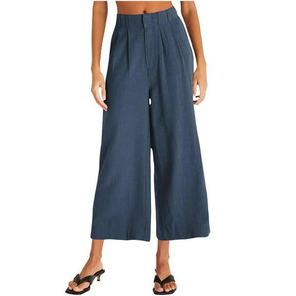 ABATAB Women's Capri Cotton Linen Pants Elastic Waisted Baggy Palazzo Trousers Vacation Cropped Pants with Pockets