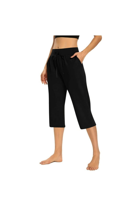 Women's Capri Pants High Waisted Drawstring Basic Lounge Pants Loose Fit Casual Capri Trousers with Pockets
