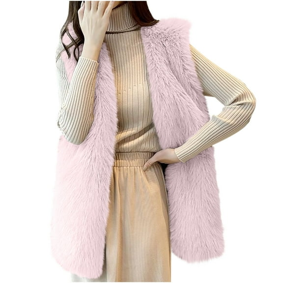 ABATAB Women's Cardigans Vests Warm Winter Plush Duster Coats Sleeveless Thermal Waistcoats Fuzzy Fleece Long Gilet Jackets(Small,Pink)