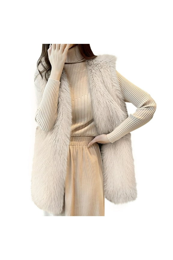 Women's Cardigans Vests Warm Winter Plush Duster Coats Sleeveless Thermal Waistcoats Fuzzy Fleece Long Gilet Jackets(X-Large,Beige)
