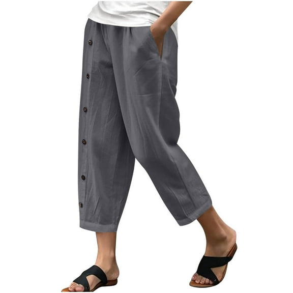 ABATAB Women's Casual Capri Pants Button Cotton Linen Capris with Pockets Wide Leg Loose Fit Cropped Pants