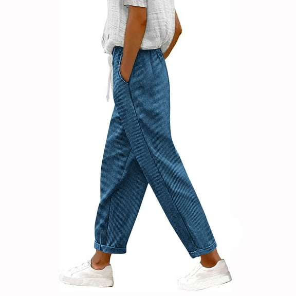 ABATAB Women's Casual Corduroy Pants Drawstring Elastic High Waist Straight Leg Pants Loose Fit Comfy Trousers with Pockets